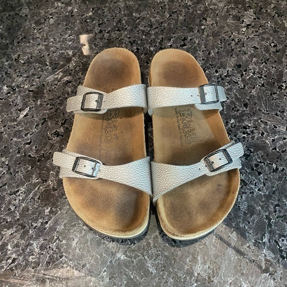 Birkenstock Birki’s Silver‎ Two Strap Sandals Size 5 - Picture 1 of 6